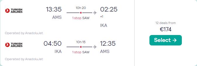 Cheap flights from Amsterdam, Netherlands to Tehran, Iran for only €174 roundtrip. Flight deal ticket image.