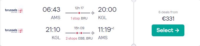 Cheap flights from Amsterdam, Netherlands to Kigali, Rwanda for only €331 roundtrip with Brussels Airlines. Flight deal ticket image.