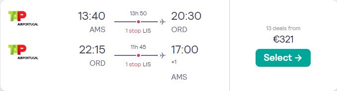 Cheap flights from Amsterdam, Netherlands to Chicago, USA for only €321 roundtrip with TAP Air Portugal. Flight deal ticket image.