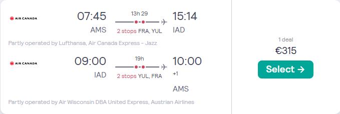 Click here to book this cheap flight deal. Cheap flights from Amsterdam, Netherlands to Washington DC, USA for only €315 roundtrip with Lufthansa, Air Canada and Austrian Airlines. Flight deal ticket image.