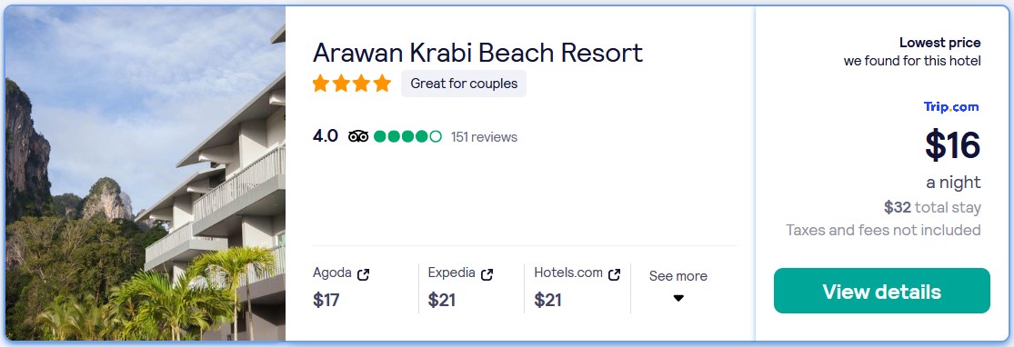 Stay at the 4* Arawan Krabi Beach Resort in Krabi, Thailand for only $16 USD per night. Flight deal ticket image.