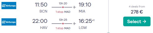 Double open-jaw flights from European cities to the USA, returning from the Caribbean or America from only €278 with Air Europa. Flight deal ticket image.