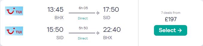 Non-stop flights from Birmingham, UK to Sal, Cape Verde for only £197 roundtrip. Flight deal ticket image.