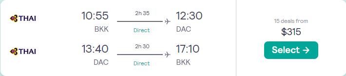 Non-stop flights from Bangkok, Thailand to Dhaka, Bangladesh for only $315 USD roundtrip with Thai Airways. Flight deal ticket image.