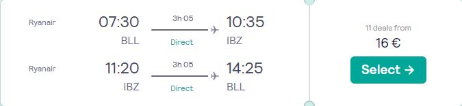Click here to book this cheap flight deal. Non-stop flights from Billund, Denmark to Ibiza, Spain for only €16 roundtrip. Flight deal ticket image.