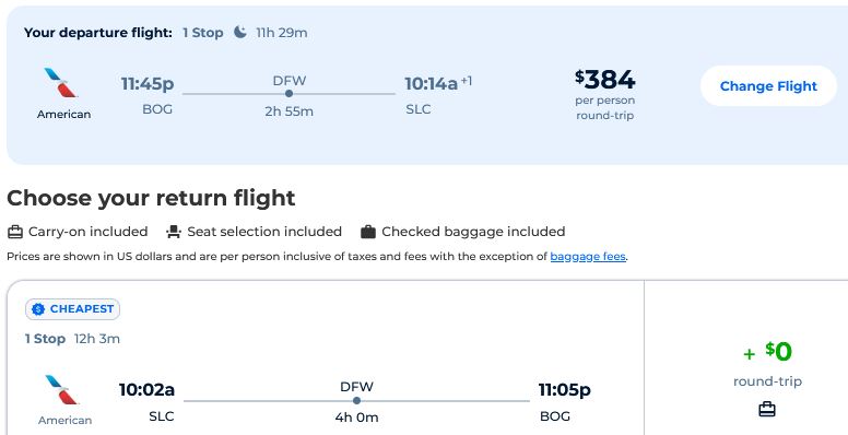 Cheap flights from Bogota, Colombia to Salt Lake City, Utah for only $384 USD roundtrip with American Airlines. Flight deal ticket image.