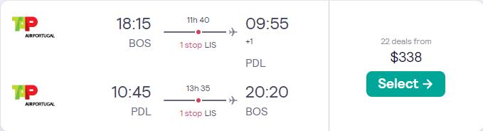 Cheap flights from Boston to the Azores from only $338 roundtrip with TAP Air Portugal. Flight deal ticket image.