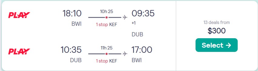Cheap flights from Baltimore to European cities from only $300 roundtrip. Flight deal ticket image.