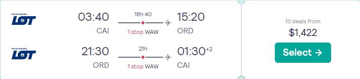 Business Class flights from Cairo, Egypt to Chicago, USA for only $1422 USD roundtrip with LOT Polish Airlines. Flight deal ticket image.