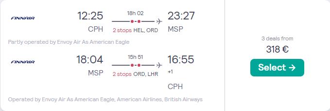 Summer flights from Copenhagen, Denmark to Minneapolis, USA for only €318 roundtrip with Finnair, American Airlines and British Airways. Flight deal ticket image.