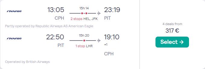 Click here to book this cheap flight deal. Cheap flights from Copenhagen, Denmark to Pittsburgh, USA for only €317 roundtrip with Finnair and British Airways. Flight deal ticket image.