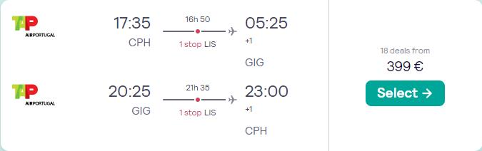 Click here to book this cheap flight deal. Cheap flights from Copenhagen, Denmark to Rio de Janeiro or Sao Paulo, Brazil for only €399 roundtrip with TAP Air Portugal. Flight deal ticket image.