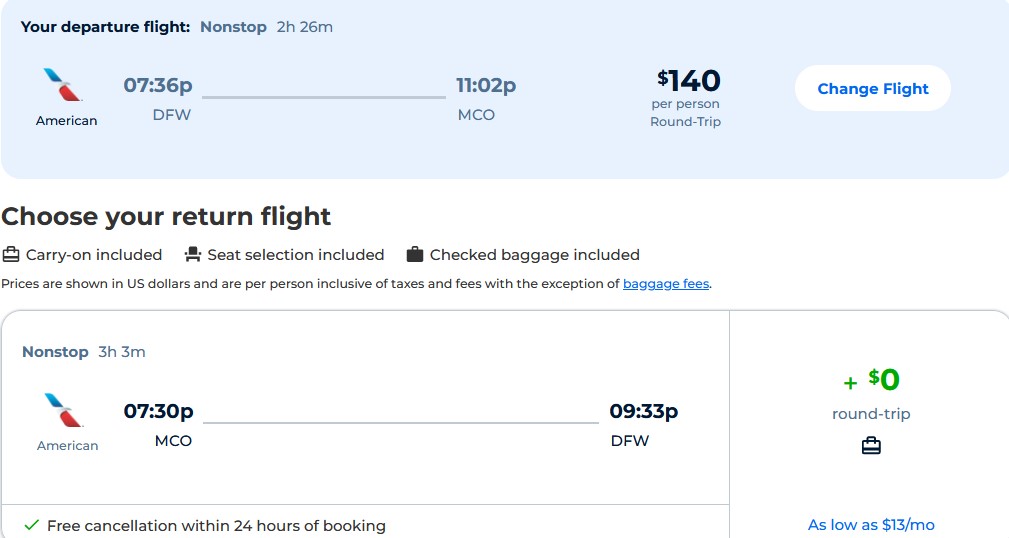 Non-stop flights from Dallas, Texas to Orlando, Florida for only $140 roundtrip with American Airlines. Also works in reverse. Flight deal ticket image.