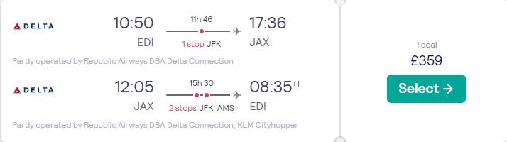 Click here to book this cheap flight deal. Cheap flights from Edinburgh, Scotland to Jacksonville, Florida for only £359 roundtrip with Delta Air Lines and KLM. Flight deal ticket image.