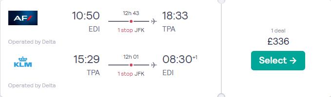 Click here to book this cheap flight deal. Cheap flights from Edinburgh, Scotland to Tampa, Florida for only £336 roundtrip with Delta Air Lines. Flight deal ticket image.