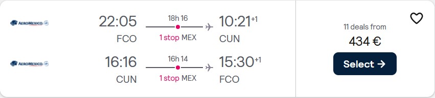 Cheap flights from Rome, Italy to Cancun, Mexico for only €434 roundtrip with Aeromexico. Flight deal ticket image.