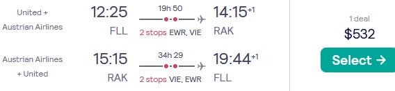 Cheap flights from Fort Lauderdale to Marrakesh, Morocco for only $532 roundtrip with United Airlines, Swiss International Air Lines and Austrian Airlines. Flight deal ticket image.
