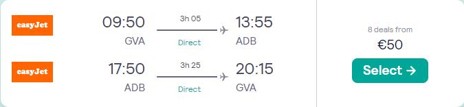 Non-stop flights from Geneva, Switzerland to Izmir, Turkey for only €49 roundtrip. Flight deal ticket image.