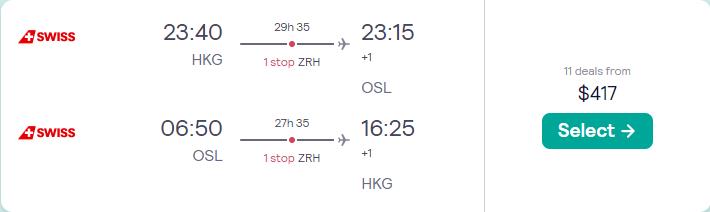 Cheap flights from Hong Kong to Oslo, Norway for only $417 USD roundtrip with Swiss International Air Lines. Flight deal ticket image.