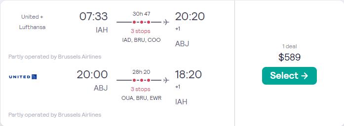 Cheap flights from Houston, Texas to Abidjan, Ivory Coast for only $589 roundtrip with United Airlines and Brussels Airlines. Flight deal ticket image.