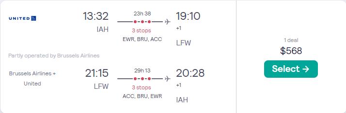 Cheap flights from Houston, Texas to Togo for only $568 roundtrip with United Airlines and Brussels Airlines. Flight deal ticket image.