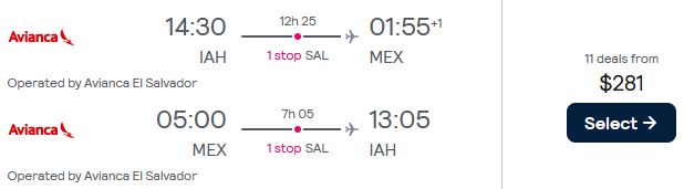 Vols pas chers de Houston, Texas à Mexico, Mexique pour seulement 281 $ aller-retour avec Avianca.  Image du billet de l'offre de vol.