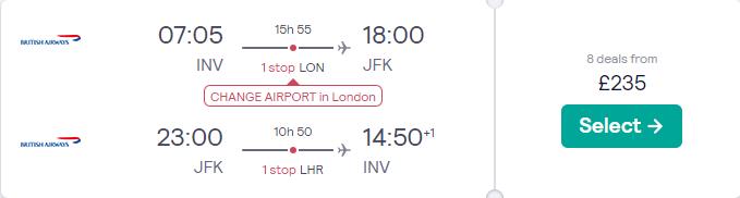 Summer flights from Inverness, Scotland to US cities from only £235 roundtrip with British Airways. Flight deal ticket image.