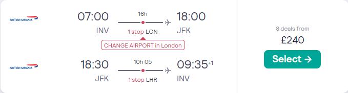 Click here to book this cheap flight deal. Cheap flights from Inverness or Edinburgh, UK to US cities from only £240 roundtrip with British Airways. Flight deal ticket image.