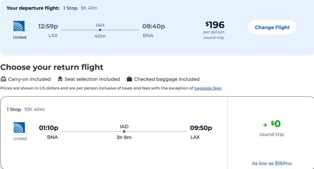Cheap flights from Los Angeles to Nashville for only $196 roundtrip with United Airlines. Also works in reverse. Flight deal ticket image.
