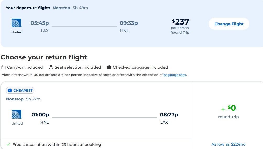 Nonstop flights from Los Angeles to Honolulu, Hawaii for just $237 roundtrip with United Airlines.  It also works the other way around.  Flight offer ticket image.