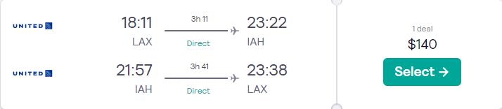 Non-stop flights from Los Angeles to Houston, Texas for only $140 roundtrip with United Airlines. Also works in reverse. Flight deal ticket image.