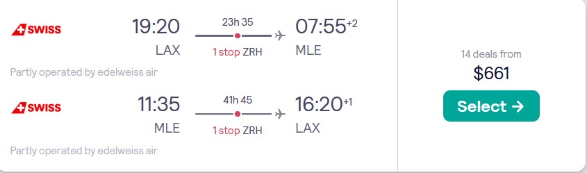 Cheap flights from Los Angeles to the Maldives for only $661 roundtrip with Swiss International Air Lines. Flight deal ticket image.