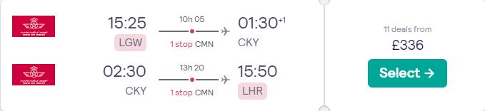 Cheap flights from London, UK to Conakry, Guinea for only £336 roundtrip with Royal Air Maroc. Flight deal ticket image.
