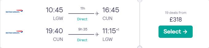 Non-stop flights from London, UK to Cancun, Mexico for only £318 roundtrip with British Airways. Flight deal ticket image.