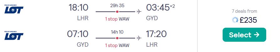 Cheap flights from London, UK to Baku, Azerbaijan for only £235 roundtrip with LOT Polish Airlines. Flight deal ticket image.