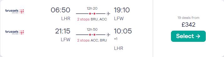 Cheap flights from UK cities to Togo from only £342 roundtrip with Brussels Airlines. Flight deal ticket image.