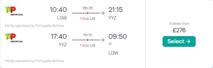 Cheap flights from London, UK to Toronto, Canada for only £276 roundtrip with TAP Air Portugal. Flight deal ticket image.