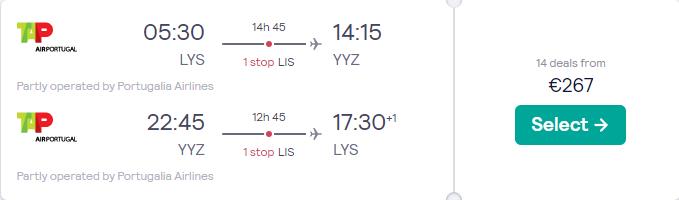 Cheap flights from Lyon, France to Toronto, Canada for only €267 roundtrip with TAP Air Portugal. Flight deal ticket image.