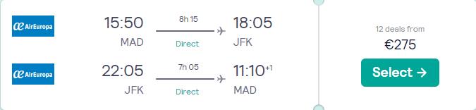 Non-stop flights from Madrid, Spain to New York or Miami, USA from only €275 roundtrip with Air Europa. Flight deal ticket image.
