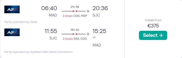 Cheap flights from Madrid, Spain to San Jose, California for only €375 roundtrip with Air France and Delta Air Lines. Flight deal ticket image.