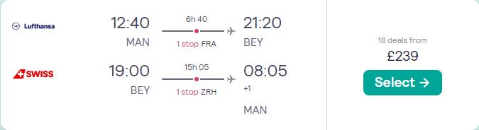 Cheap flights from Manchester, UK to Beirut, Lebanon for only £239 roundtrip with Lufthansa and Swiss International Air Lines. Flight deal ticket image.