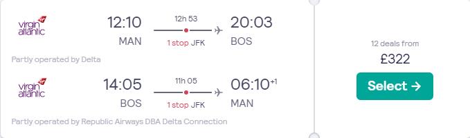 Click here to book this cheap flight deal. Cheap flights from Manchester, UK to Boston, USA for only £322 roundtrip with Virgin Atlantic and Delta Air Lines. Flight deal ticket image.