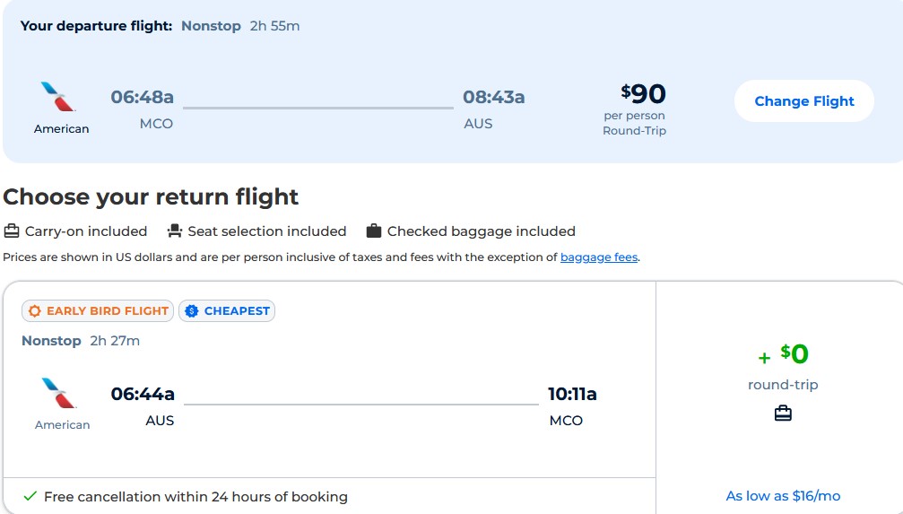 Non-stop flights from Orlando, Florida to Austin, Texas for only $90 roundtrip with American Airlines. Also works in reverse. Flight deal ticket image.
