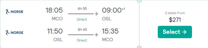 Non-stop flights from Orlando, Florida to Oslo, Norway for only $271 roundtrip. Flight deal ticket image.