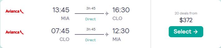 Direct flights from Miami to Cali, Colombia for only $372 round trip with Avianca.  Flight offer ticket image.