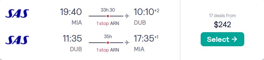 Cheap flights from Miami to Dublin, Ireland for only $242 roundtrip with Scandinavian Airlines. Flight deal ticket image.