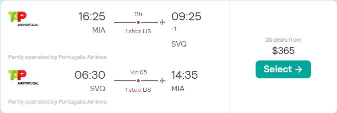 Cheap flights from Miami to Seville, Spain for only $365 roundtrip with TAP Air Portugal. Flight deal ticket image.
