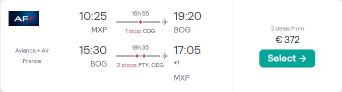 Cheap flights from Milan, Italy to Bogota, Colombia for only €372 roundtrip with Air France and Avianca. Flight deal ticket image.