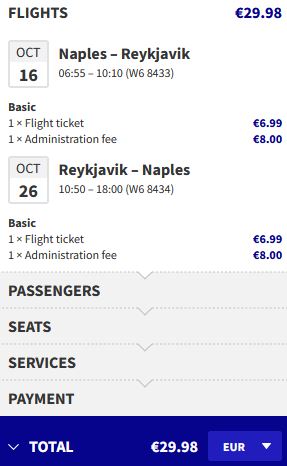 Nonstop flights from Naples, Italy to Reykjavik, Iceland for just €29 return.  Image of flight offer ticket.