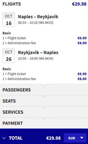 Non-stop flights from Naples, Italy to Reykjavik, Iceland for only €29 roundtrip. Flight deal ticket image.